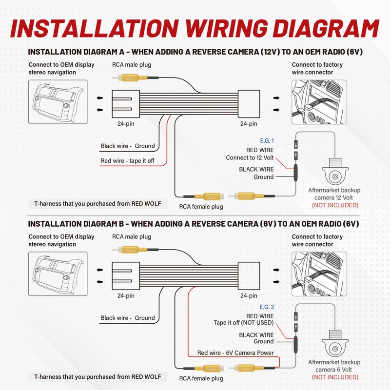 RED WOLF 24 PINS Backup Camera T-Harness for 2014-2019 Toyota 4Runner Tacoma Highlander Sienna Add on Aftermarket Reverse Camera to Factory OEM Stereo Display Navigation - Image 4